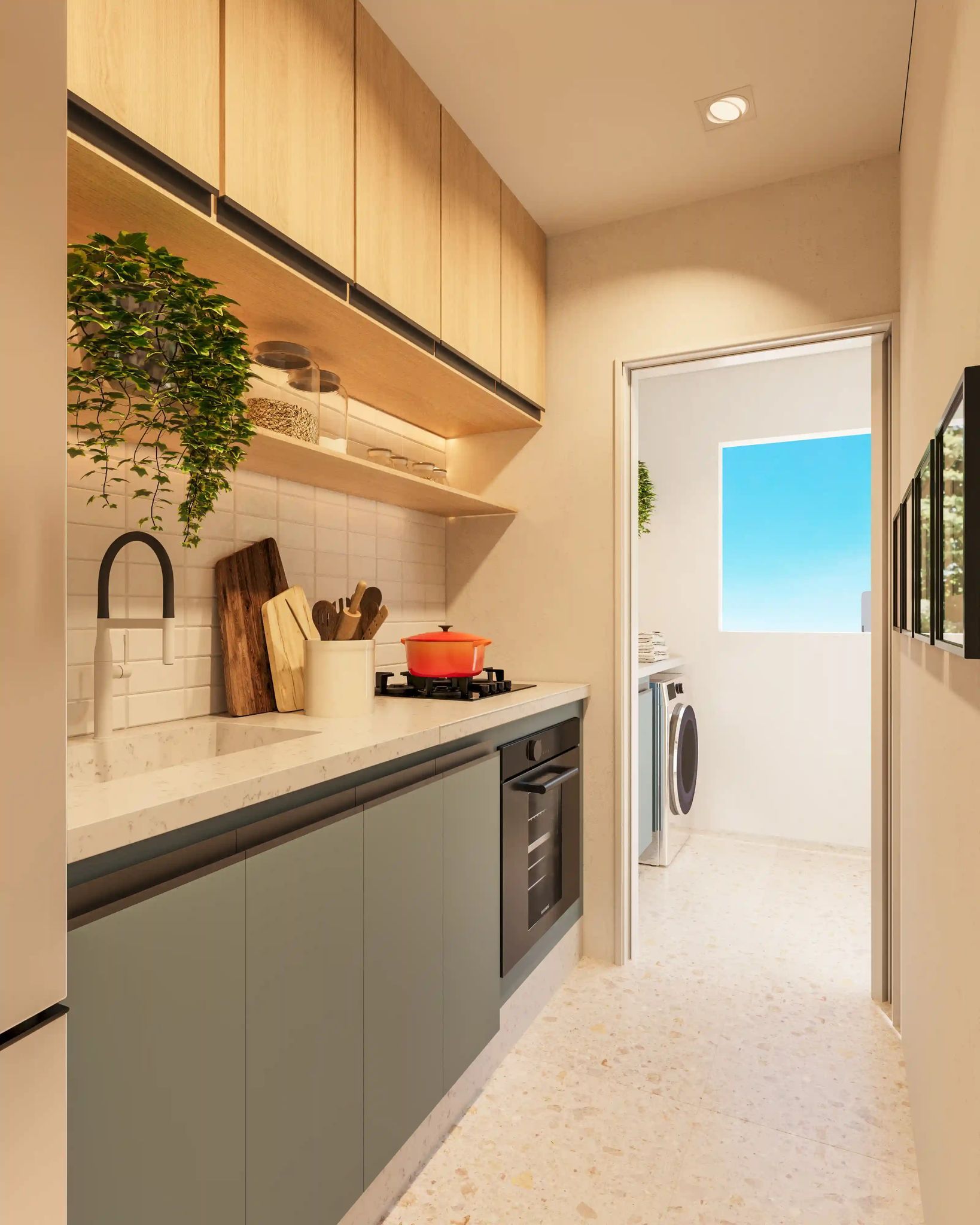 Perspectiva ilustrada da cozinha do apartamento modelo de 41 m² — Livus Cupecê