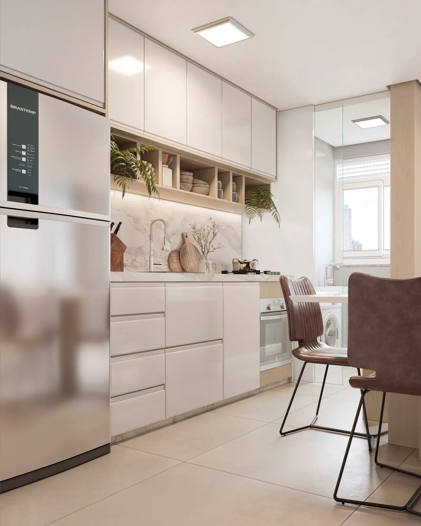 Perspectiva ilustrada da cozinha do apartamento de 43 m² — Livus Mooca