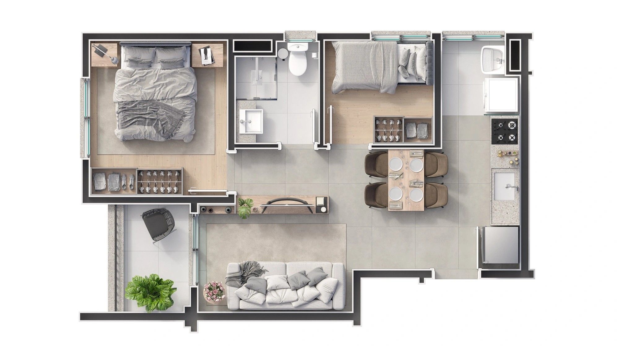 Planta humanizada de 2 dormitórios de 43 m² — Livus Mooca
