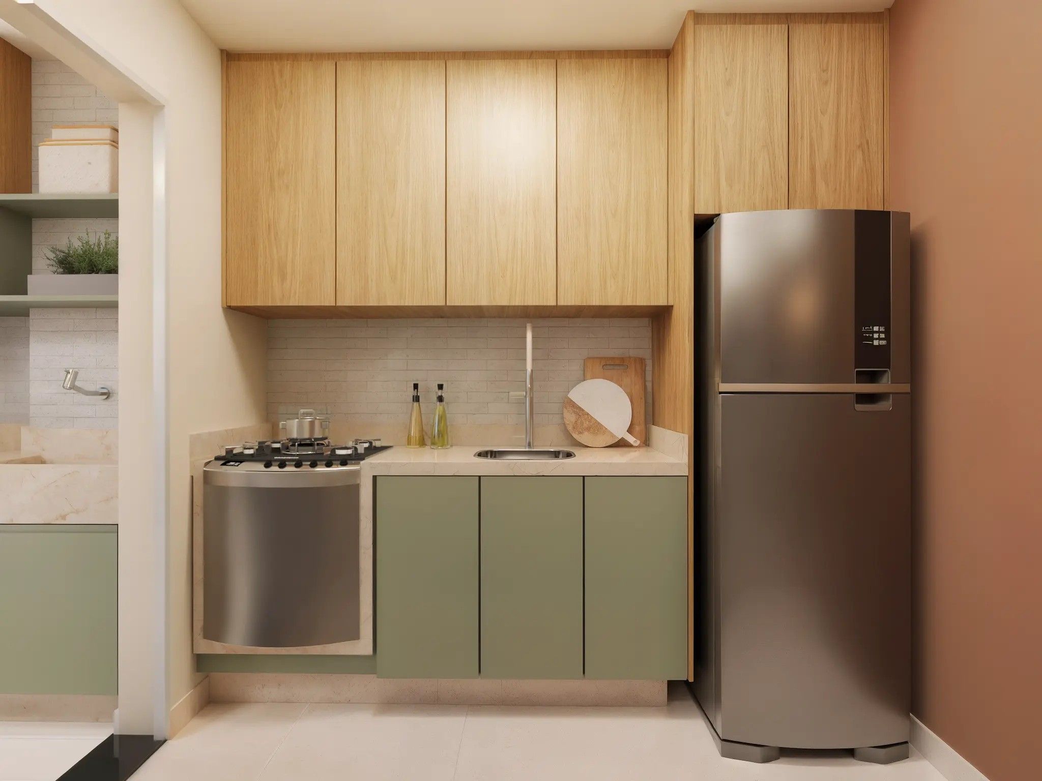 Perspectiva ilustrada da cozinha do apartamento de 41 m² — Livus Jaraguá Módulo I