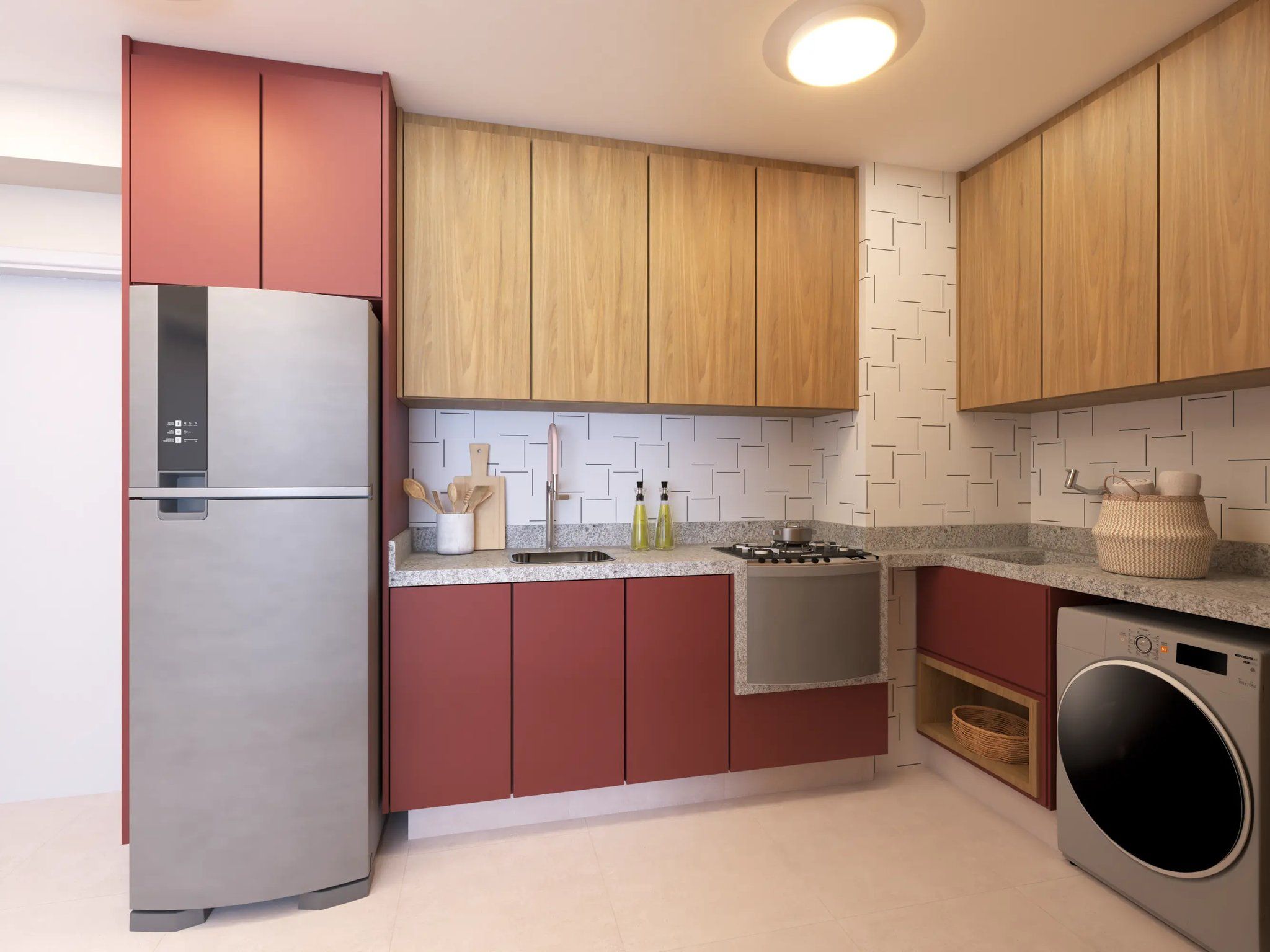 Perspectiva ilustrada da cozinha do apartamento de 32 m² — Livus Jaraguá Módulo I
