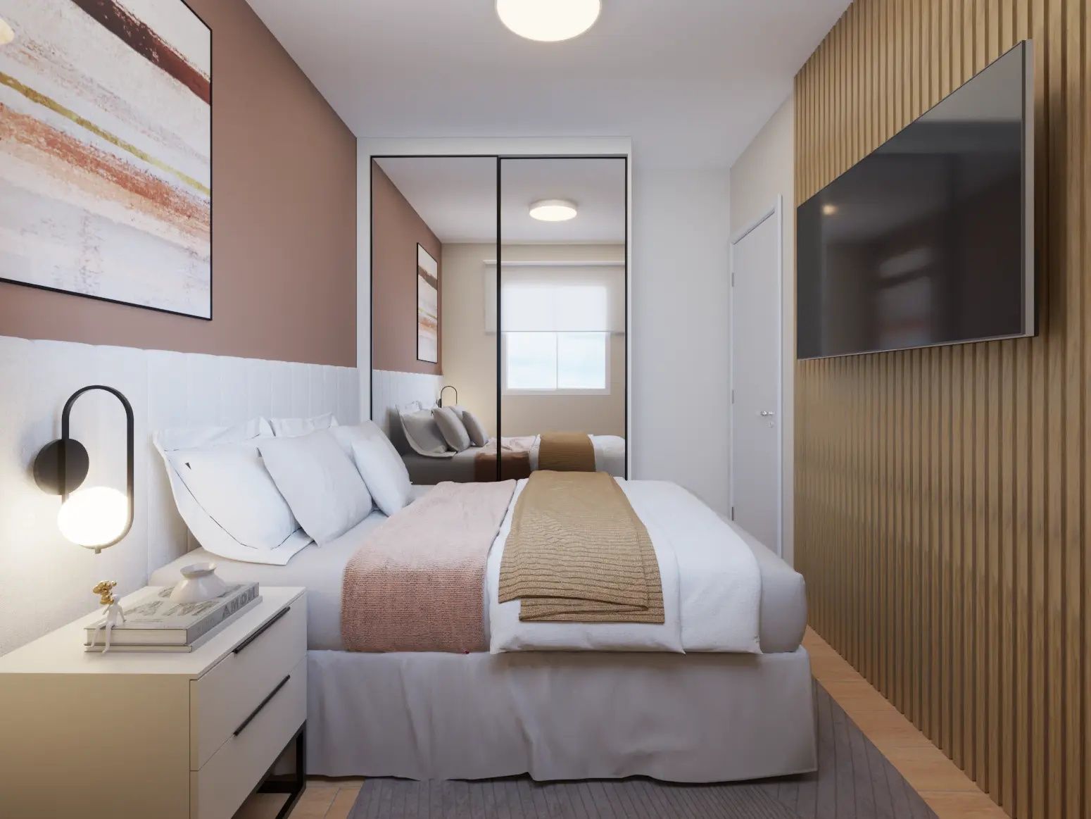Perspectiva ilustrada do primeiro dormitório do apartamento de 32 m² — Livus Jaraguá Módulo I