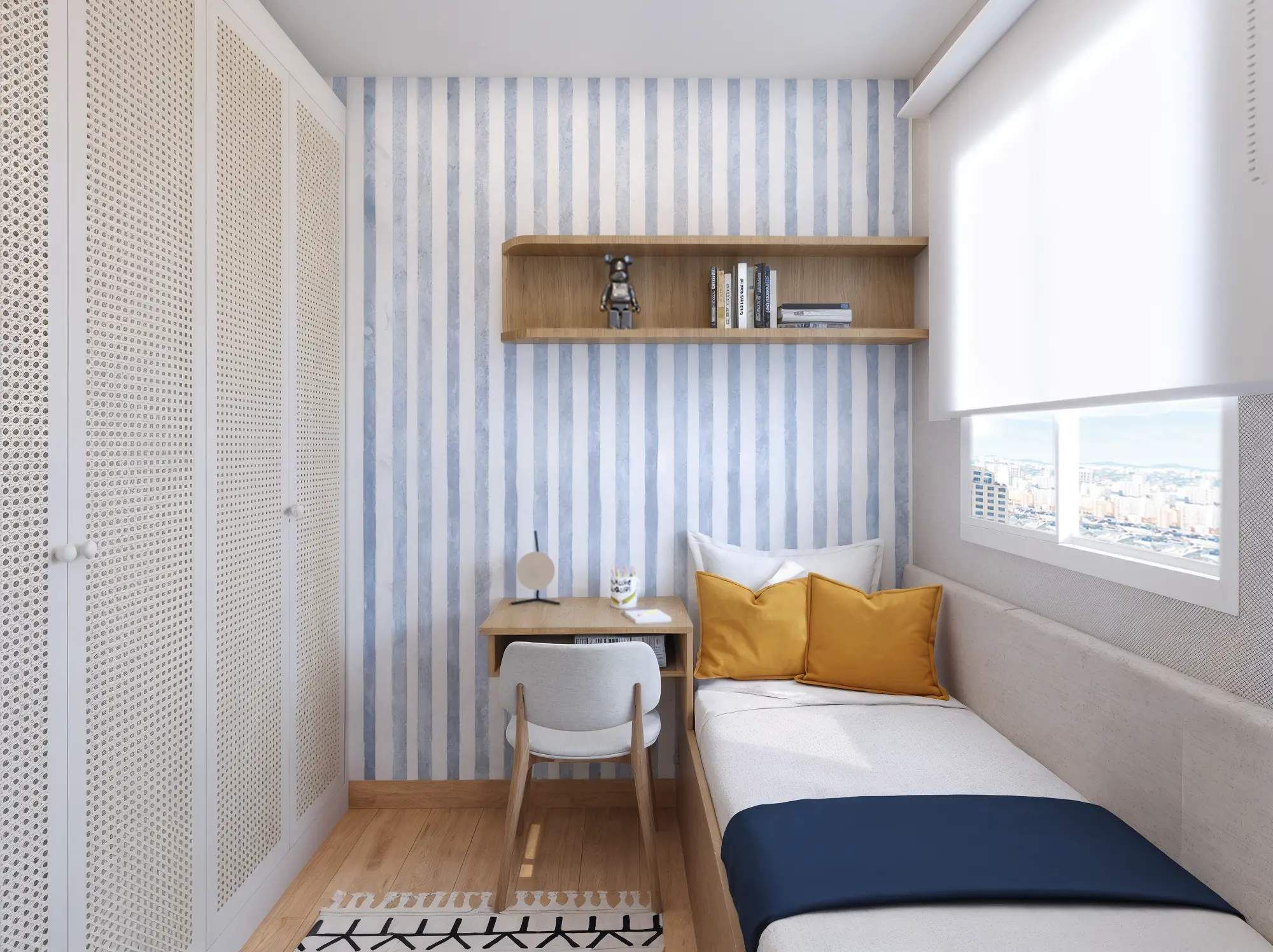 Perspectiva ilustrada do segundo dormitório do apartamento de 32 m² — Livus Jaraguá Módulo I