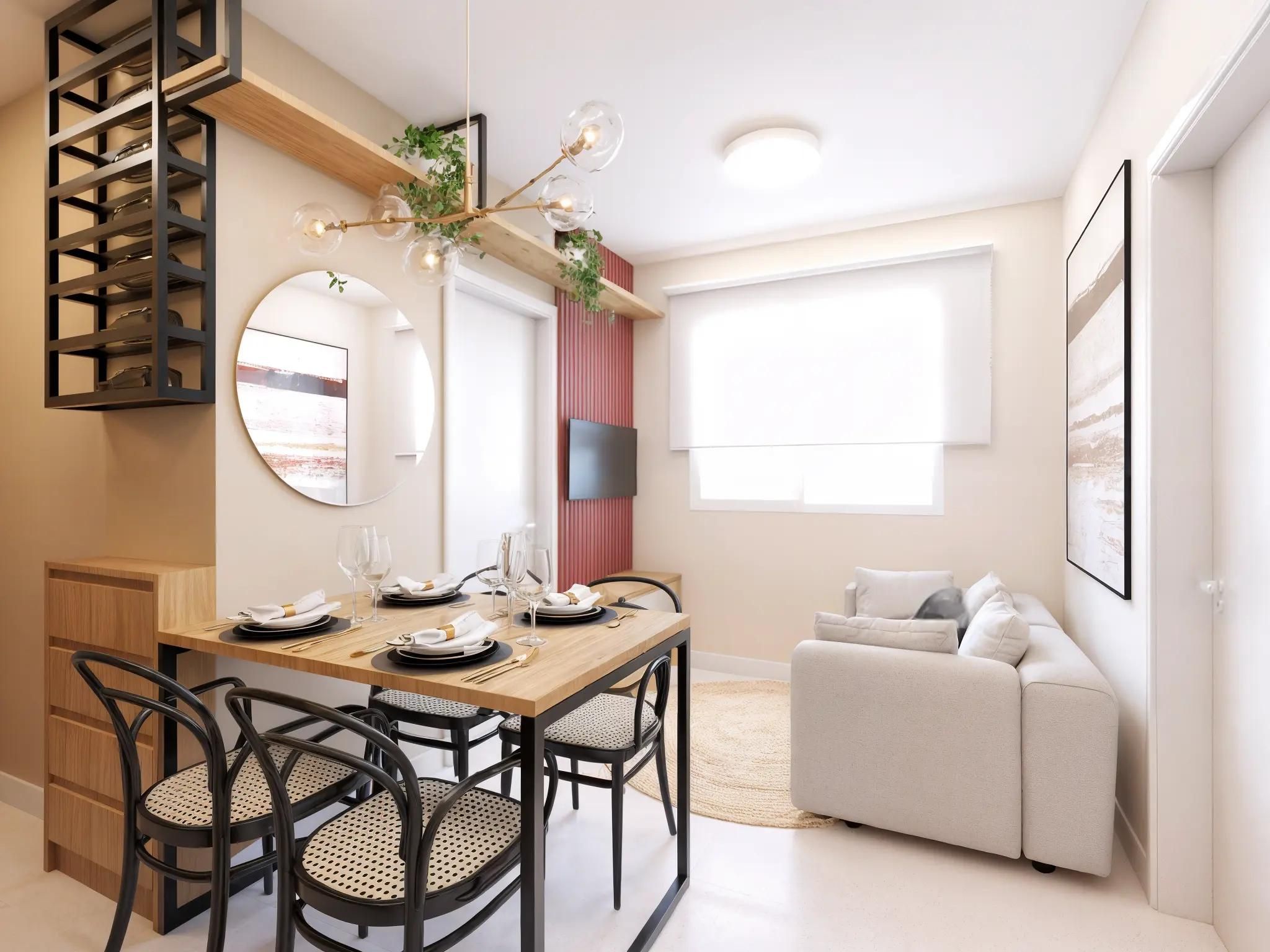 Perspectiva ilustrada do estar e jantar do apartamento de 32 m² — Livus Jaraguá Módulo I