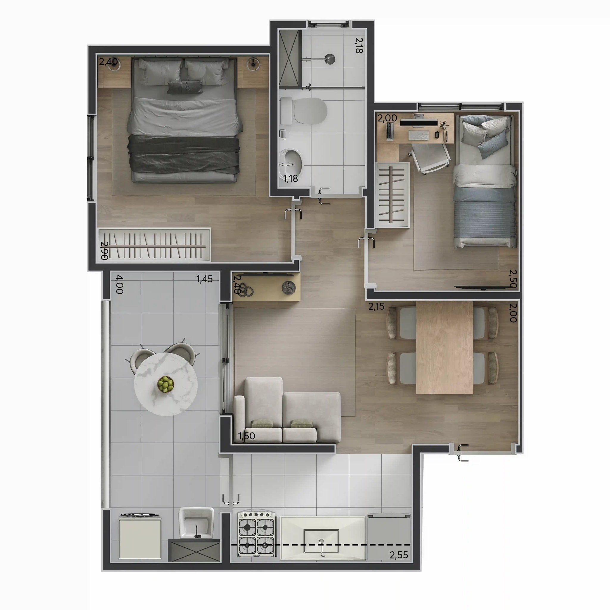 Planta de 2 dormitórios de 41 m² com varanda — Livus Cupecê