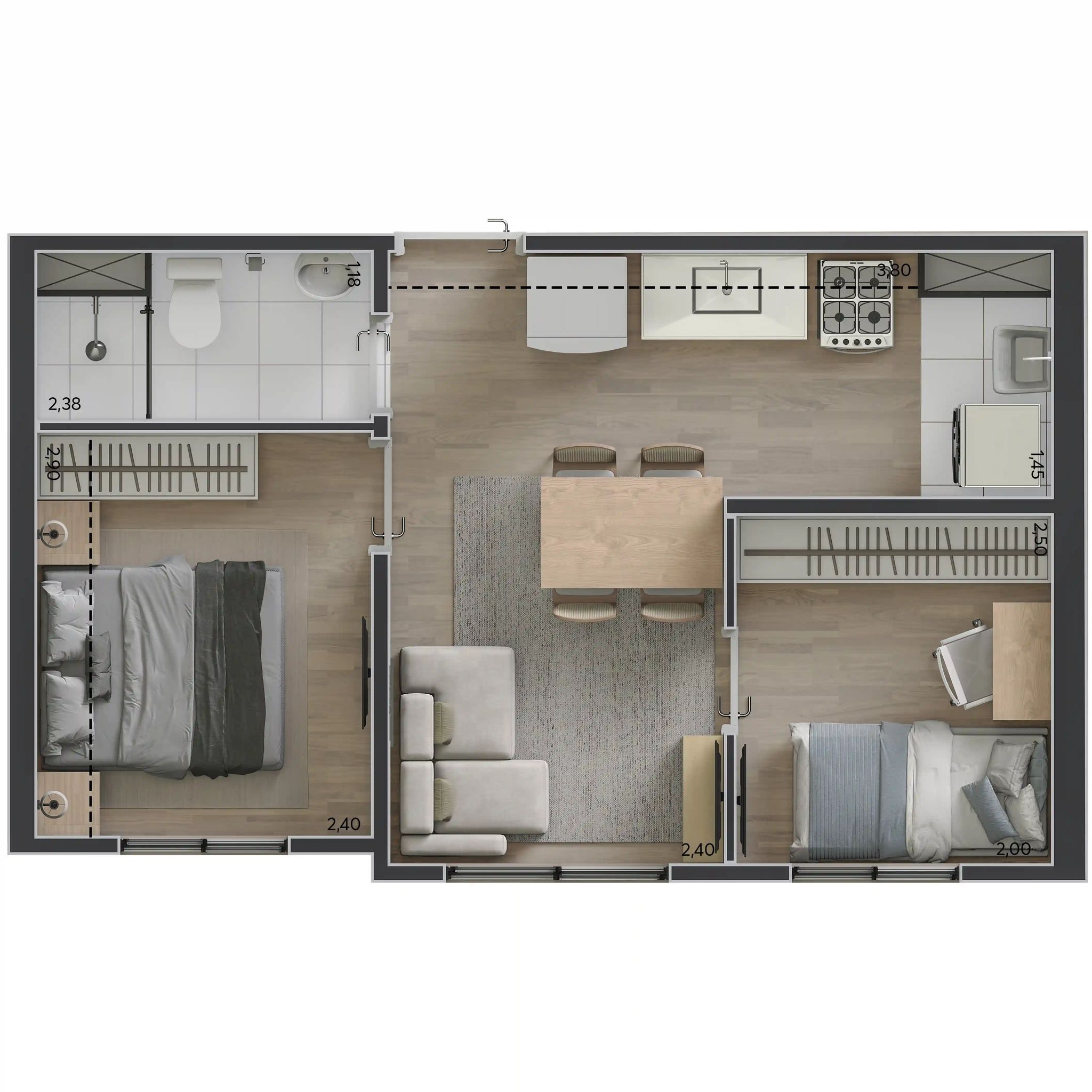 Planta de 2 dormitórios de 33 m², opção 1 — Livus Cupecê