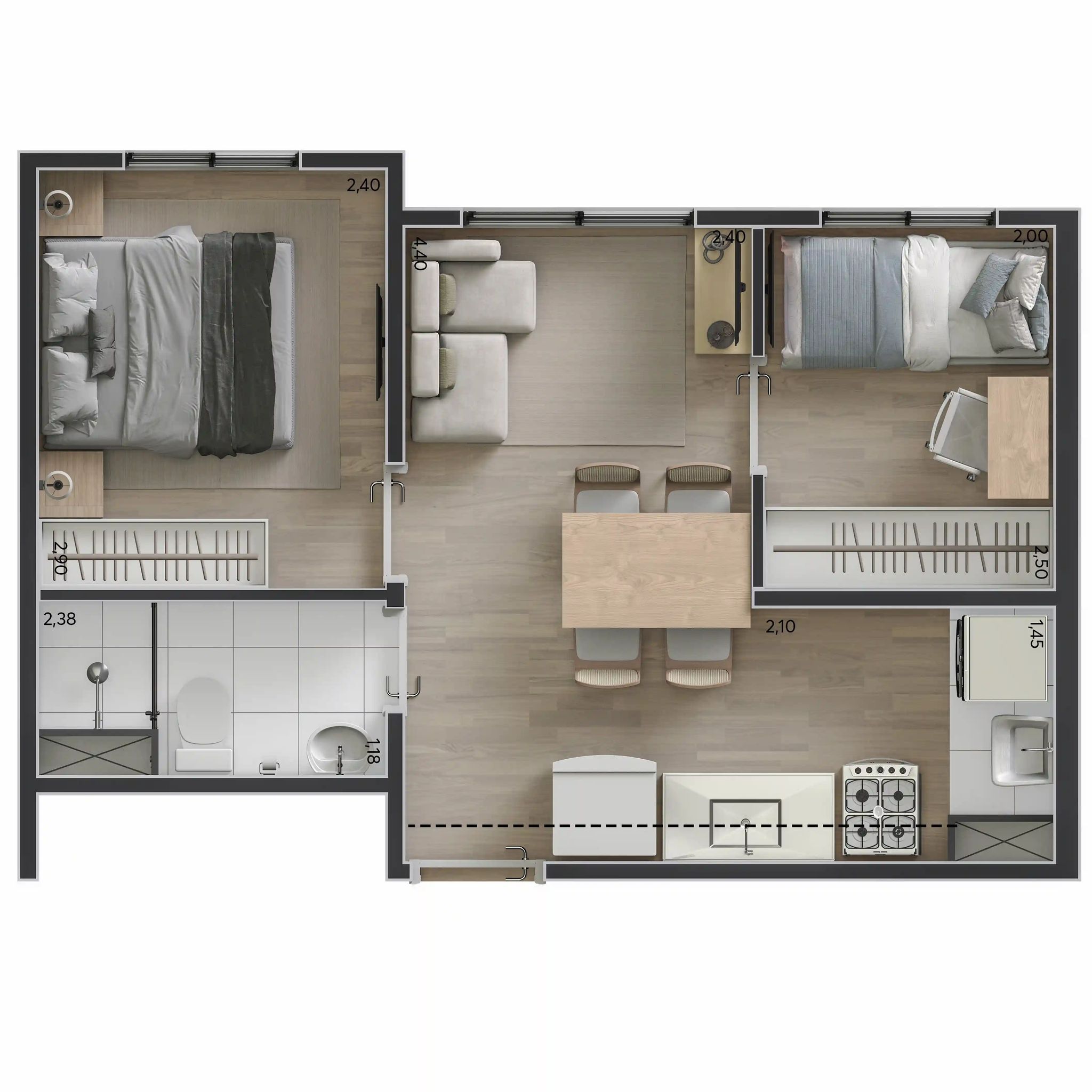 Planta de 2 dormitórios de 33 m², opção 2 — Livus Cupecê