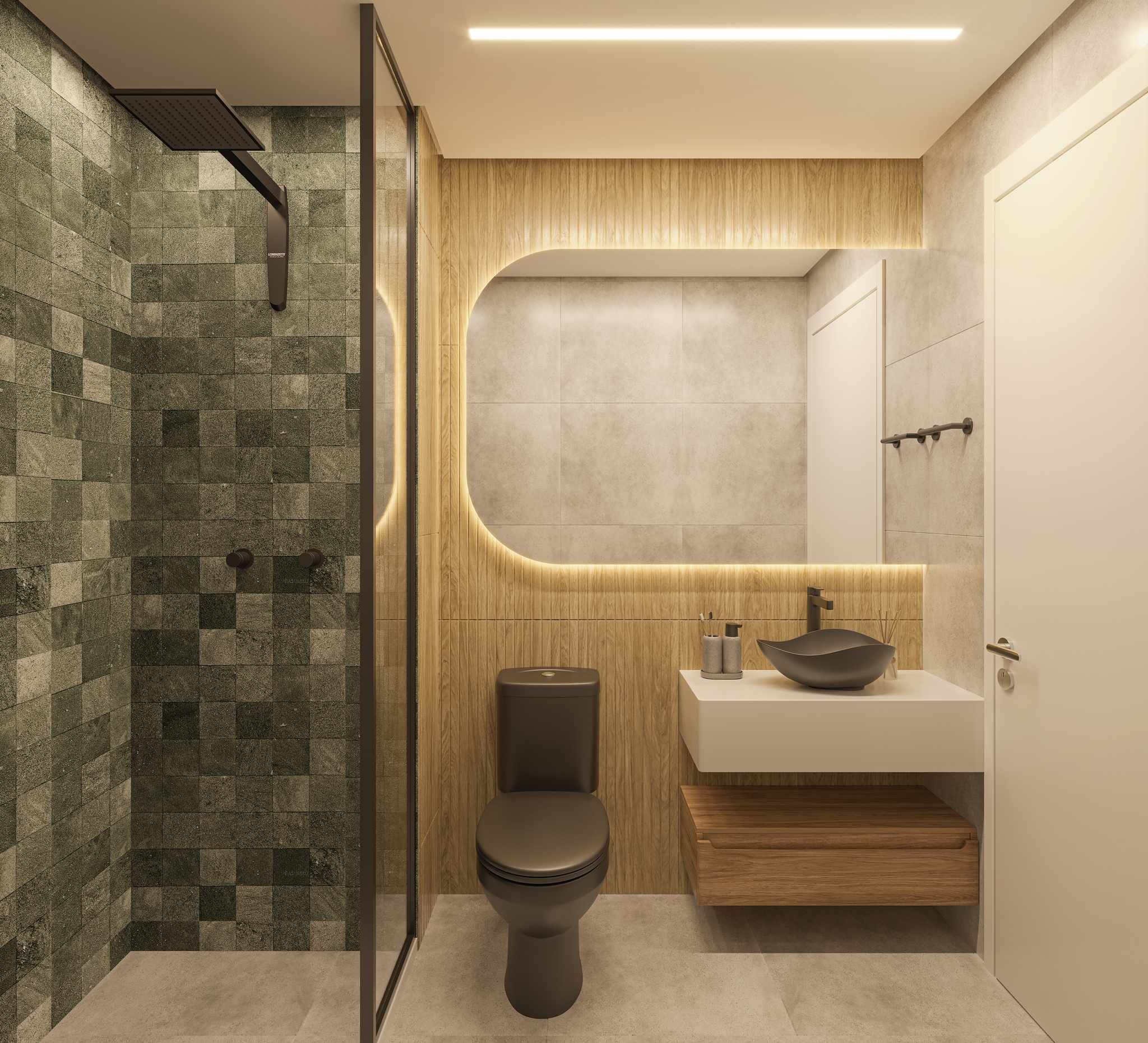 Perspectiva ilustrada do banheiro do apartamento de 40 m² — Livus Estilo Oratório