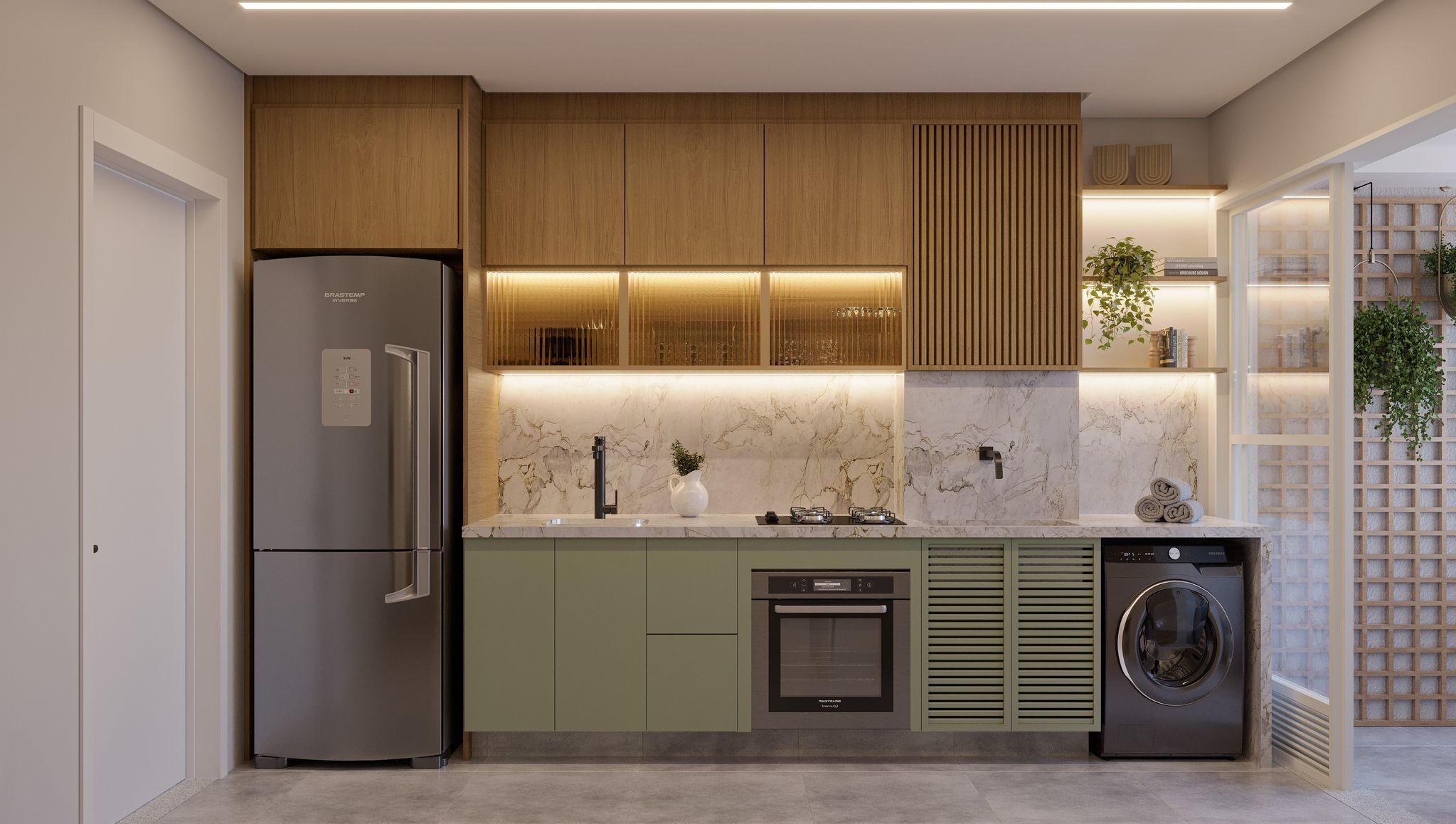 Perspectiva ilustrada da cozinha do apartamento de 40 m² — Livus Estilo Oratório