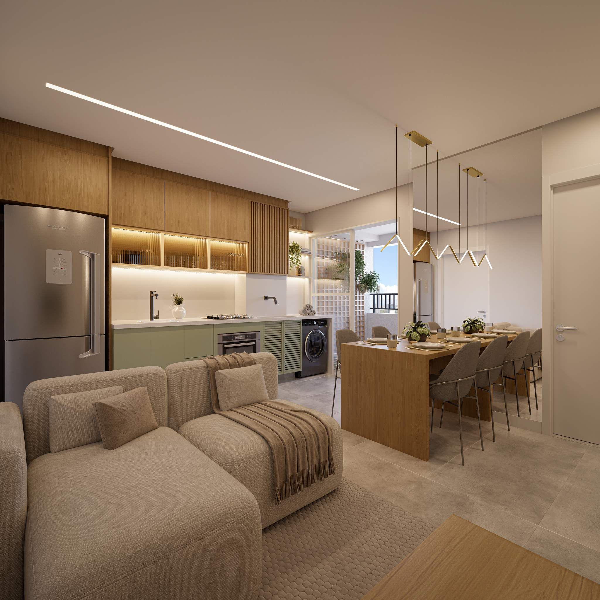 Perspectiva ilustrada da sala do apartamento de 40 m² — Livus Estilo Oratório