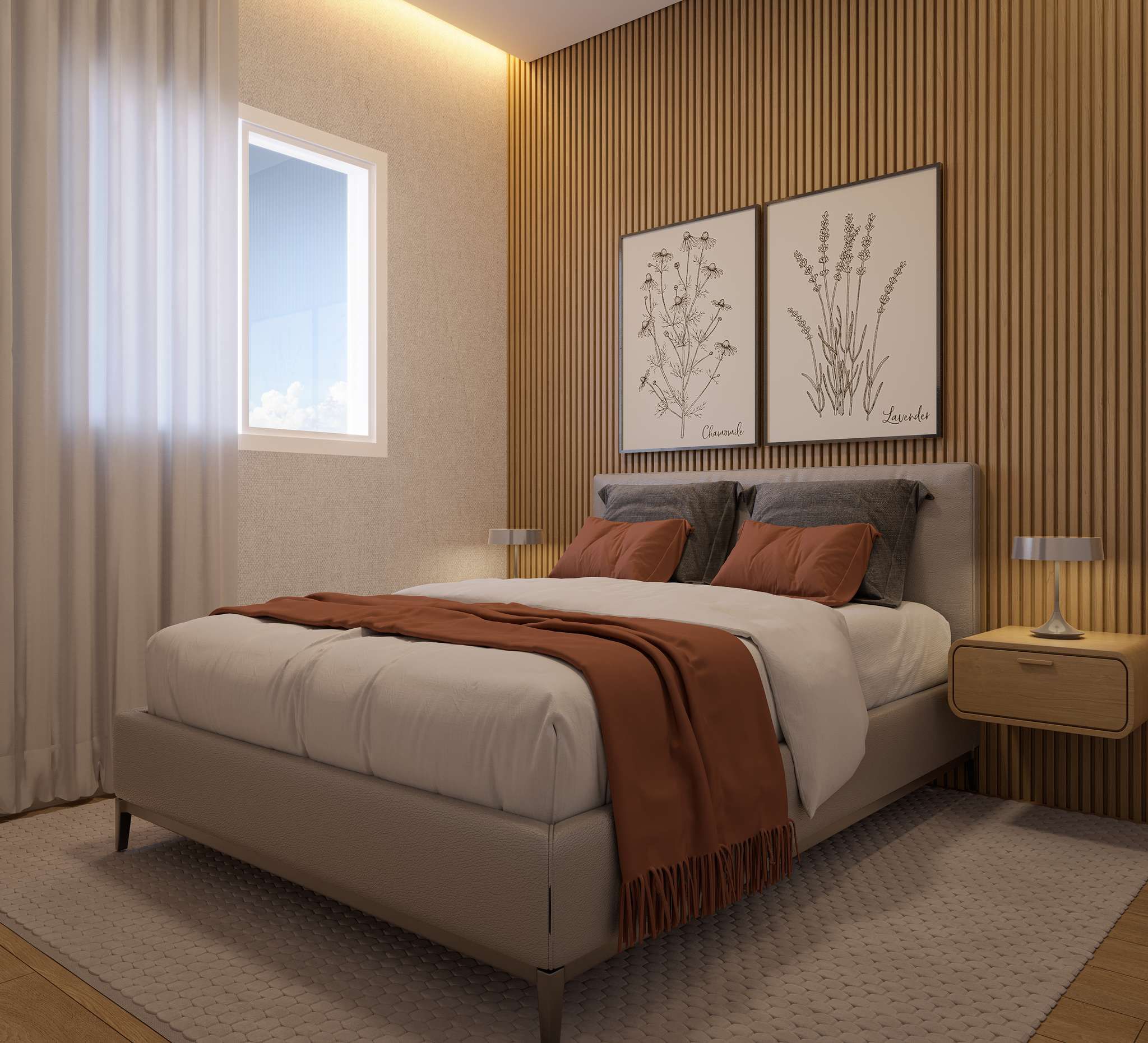 Perspectiva ilustrada do quarto do apartamento de 40 m² — Livus Estilo Oratório