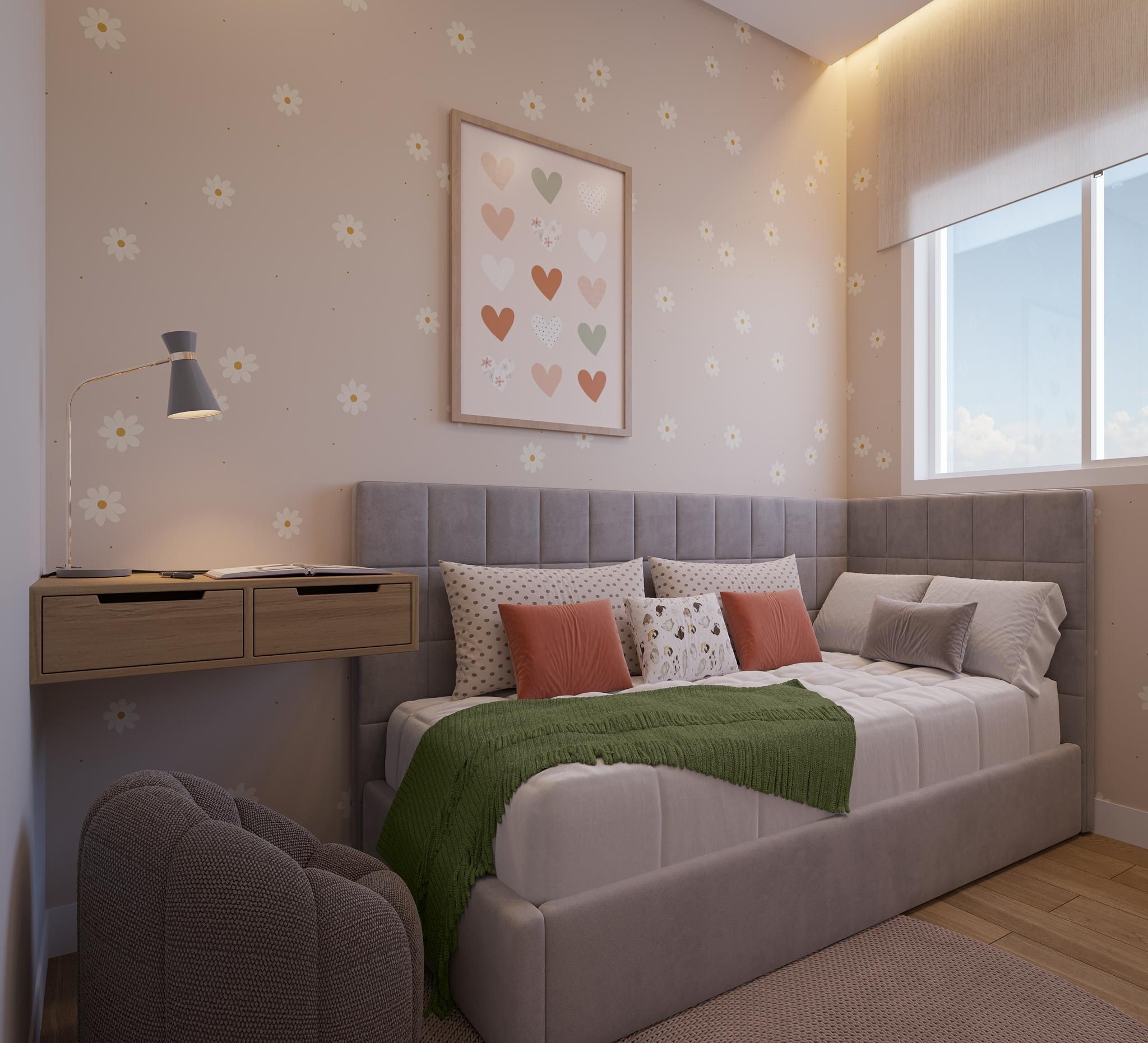 Perspectiva ilustrada do segundo quarto do apartamento de 40 m² — Livus Estilo Oratório