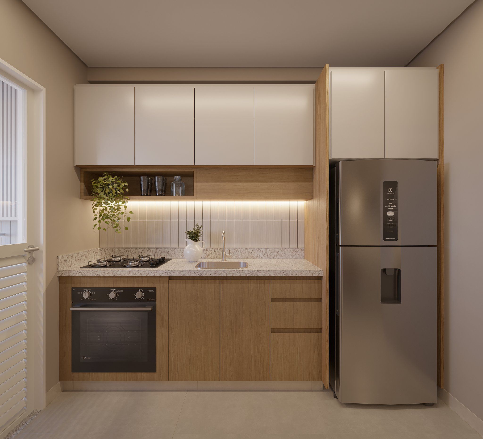 Perspectiva ilustrada da cozinha do apartamento de 42 m² — Livus Estilo Oratório