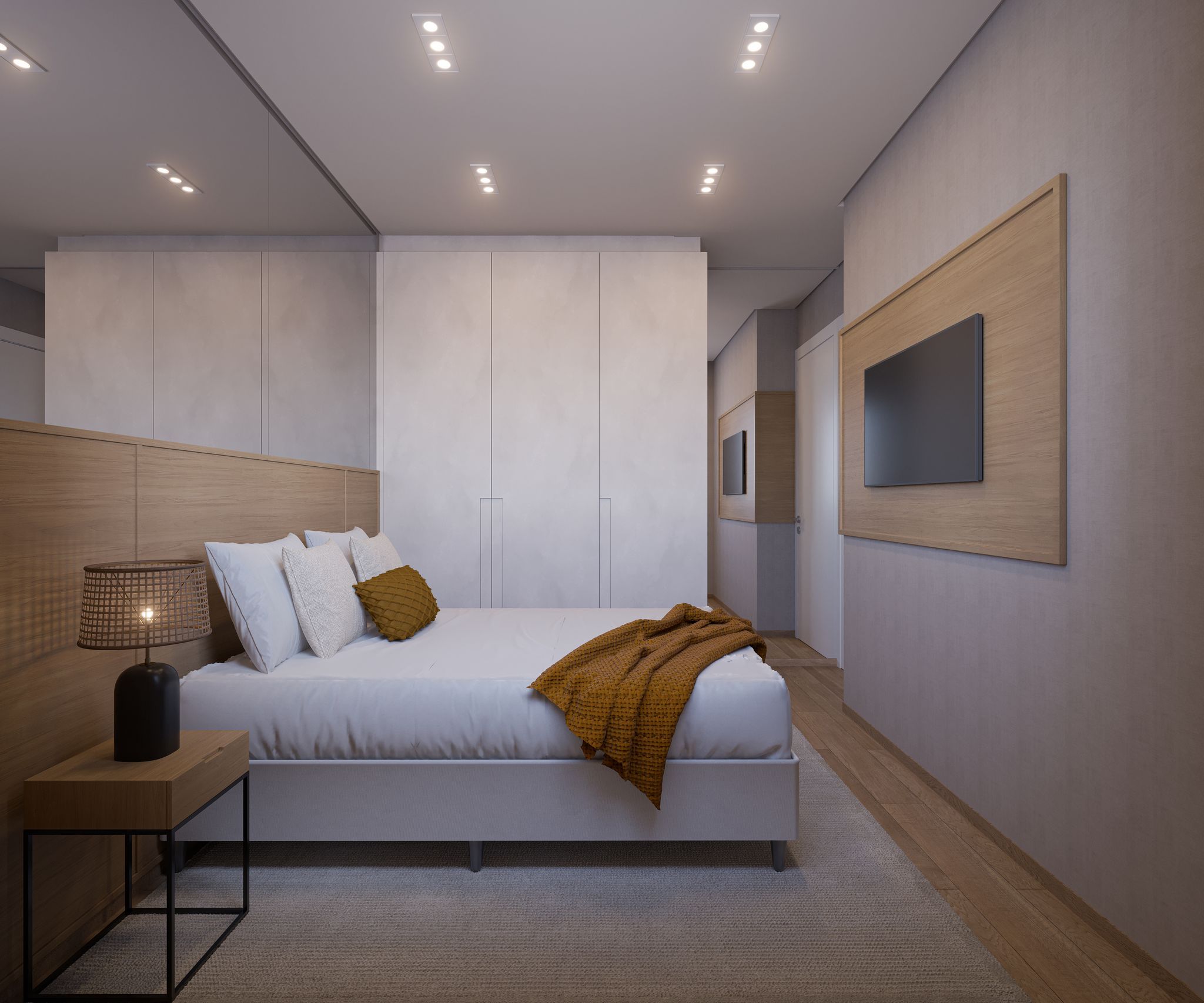 Perspectiva ilustrada do quarto do apartamento de 42 m² — Livus Estilo Oratório