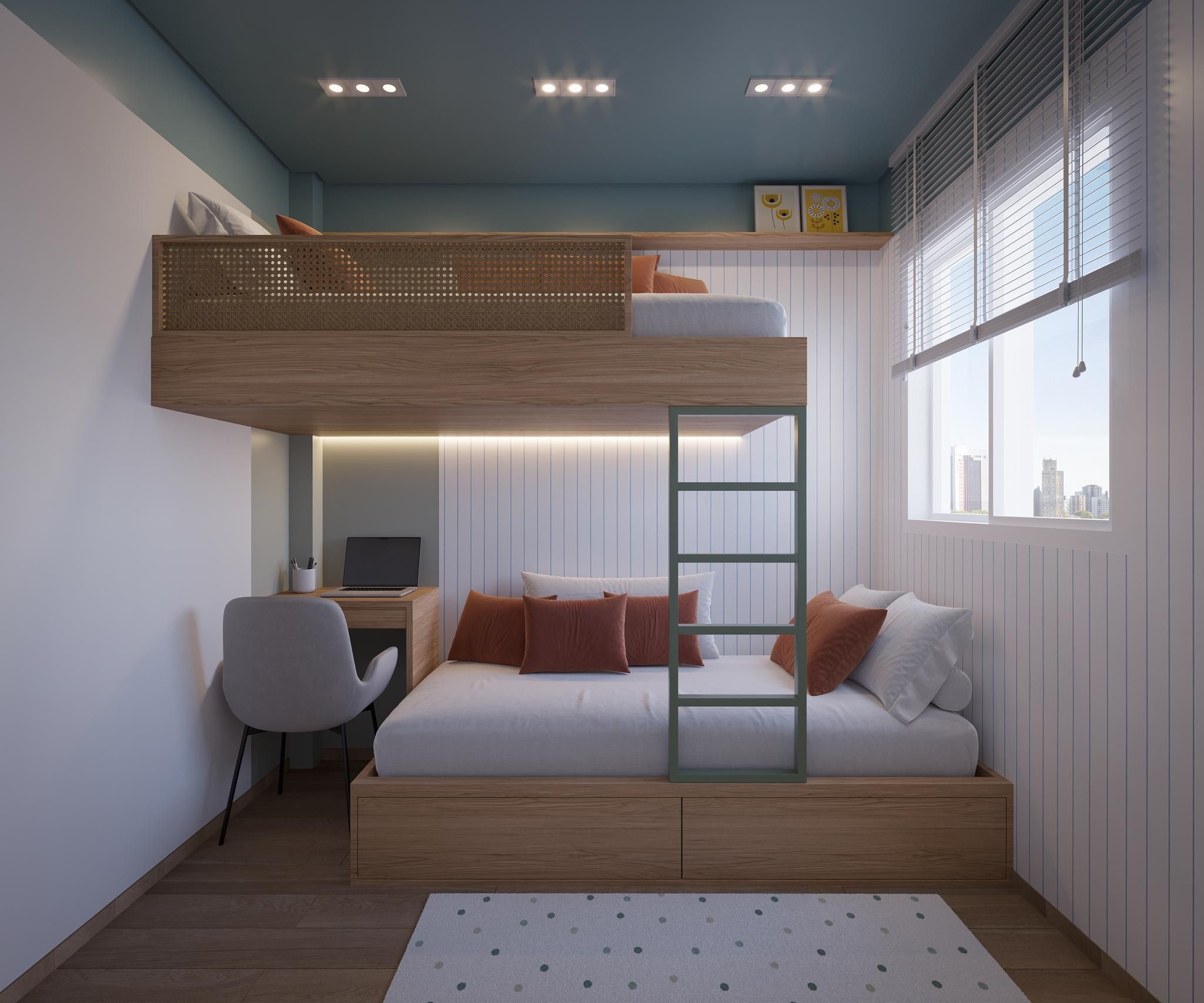 Perspectiva ilustrada do segundo quarto do apartamento de 42 m² — Livus Estilo Oratório