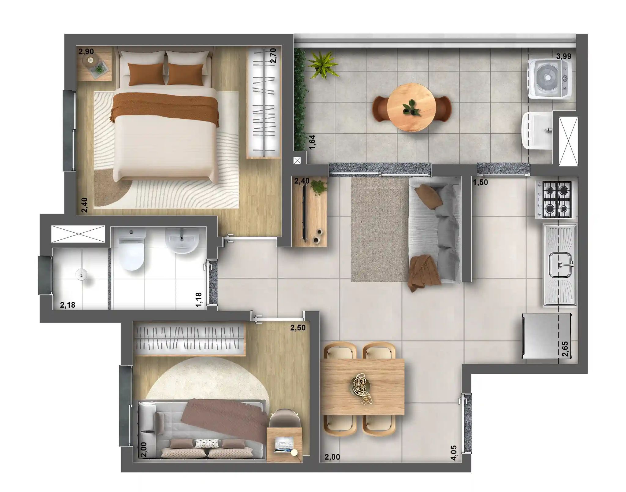 Planta de 2 dormitórios de 42 m² com varanda — Livus Estilo Oratório