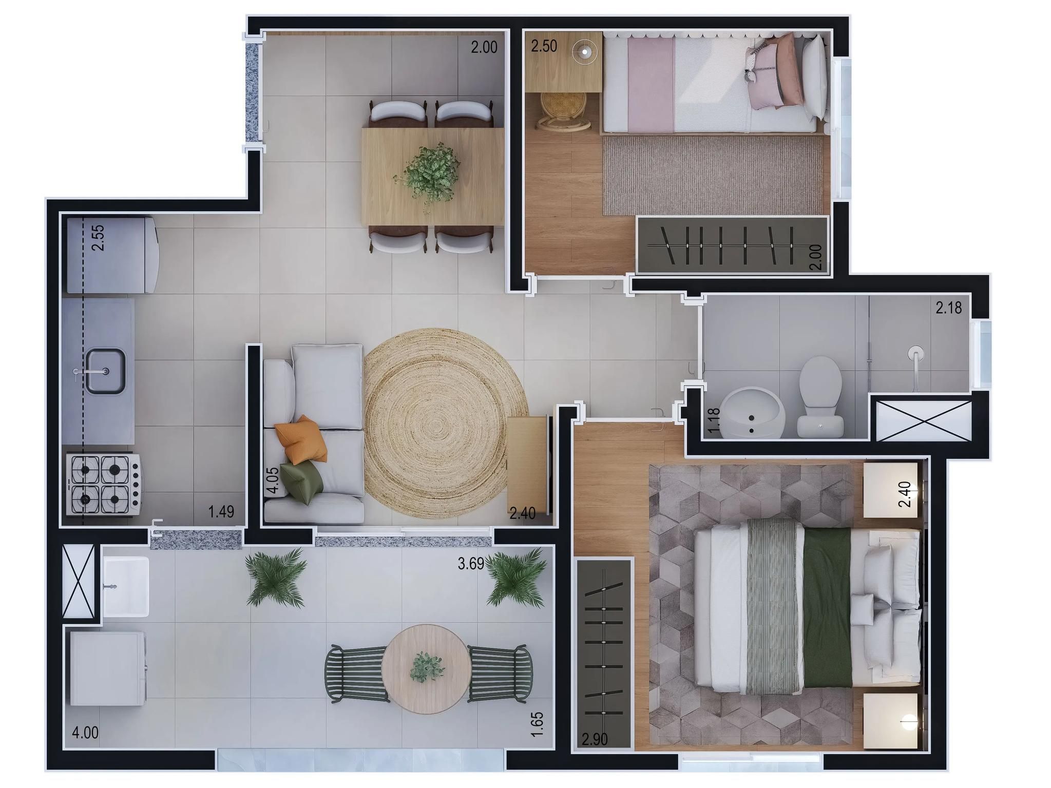 Planta humanizada de 2 dormitórios de 41 m² com varanda — Livus Jaraguá Módulo I