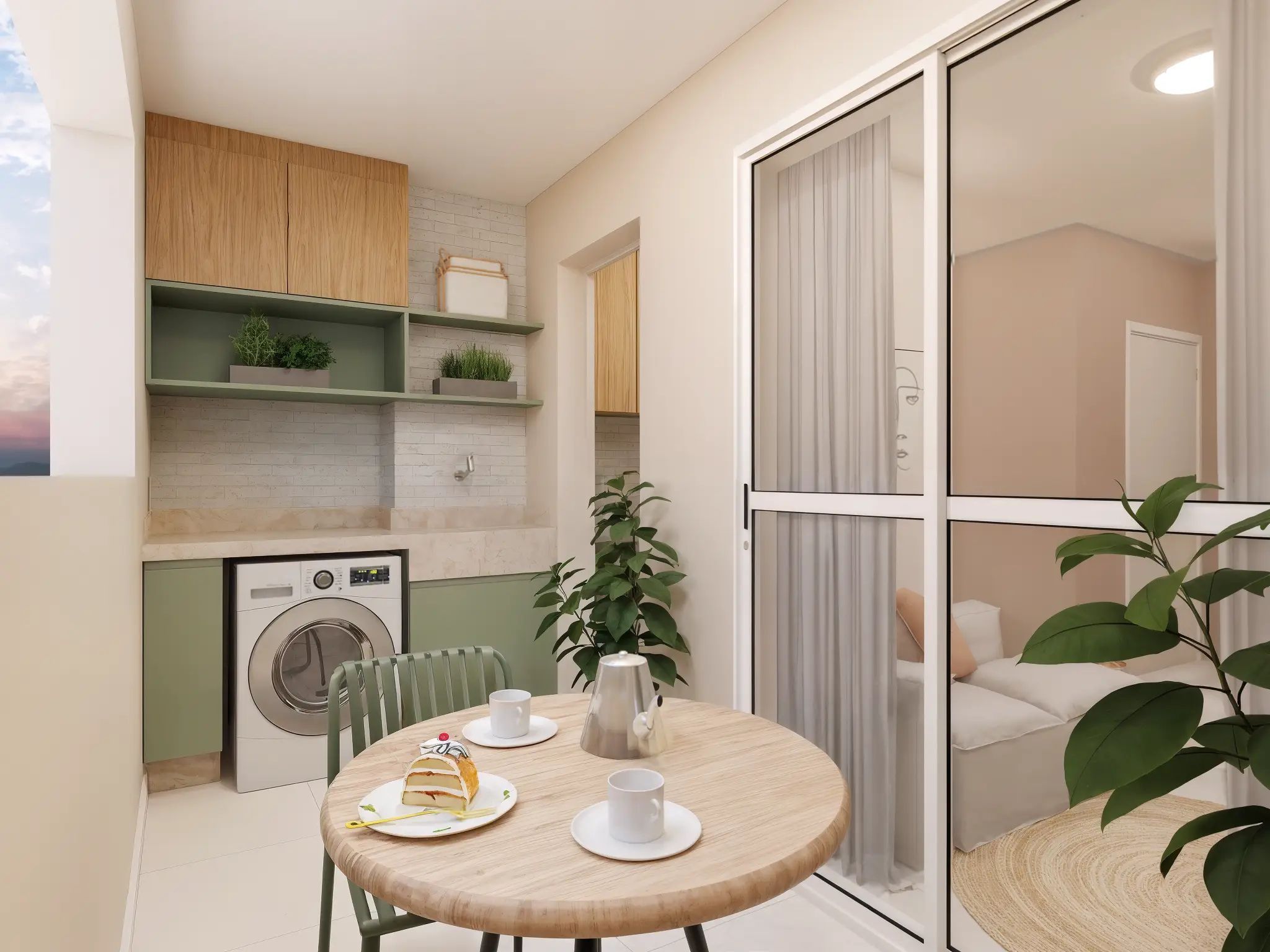 Perspectiva ilustrada do terraço do apartamento de 41 m² — Livus Jaraguá Módulo I