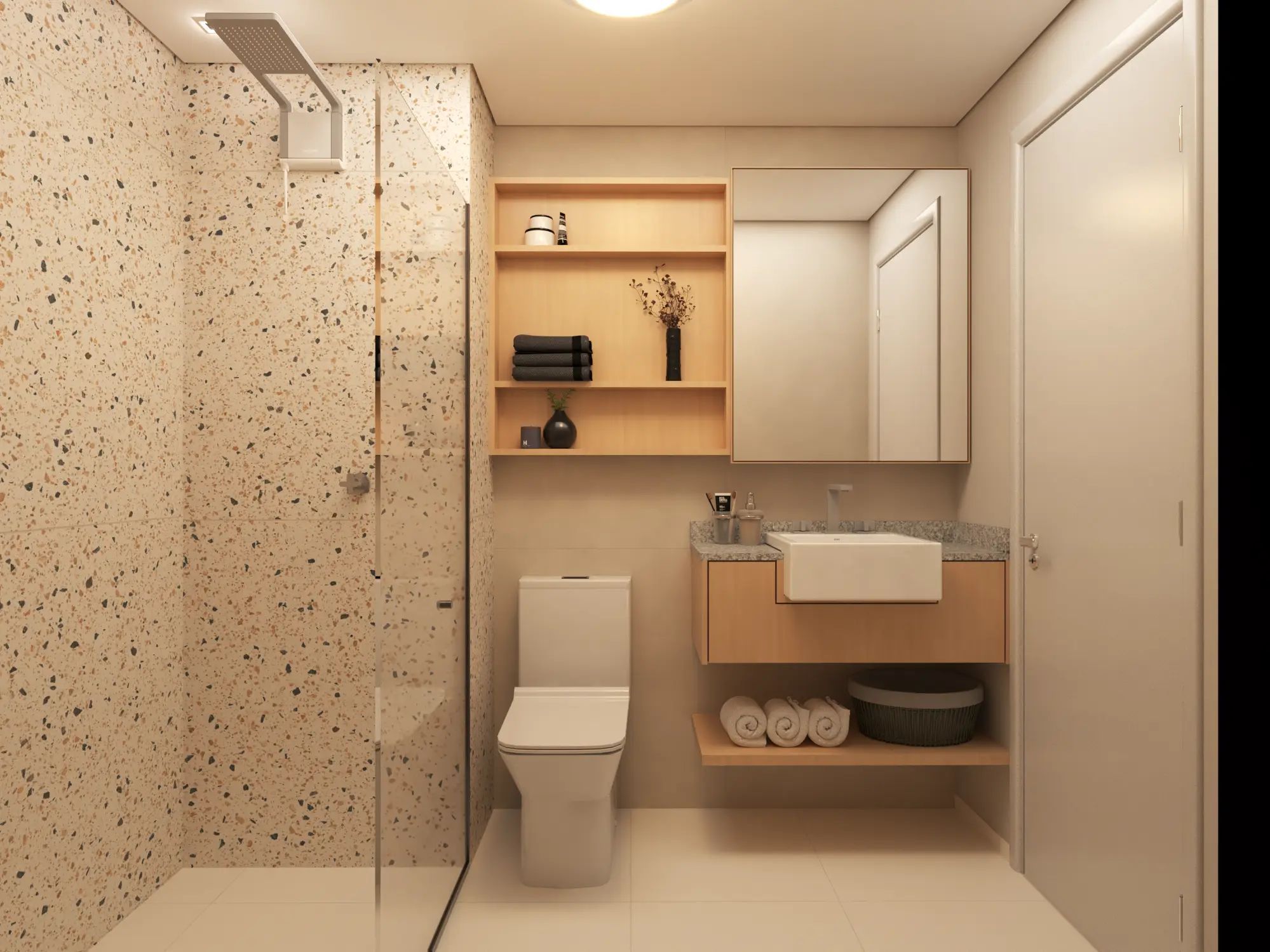 Perspectiva ilustrada do banheiro do apartamento de 32 m² — Livus Jaraguá Módulo I